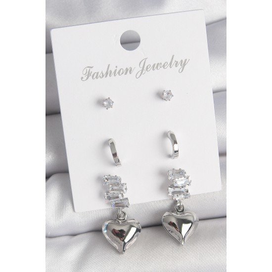 Pirinç Gümüş Renk Zirkon Taşlı Sallantılı Kalp Model Yarım Halka Detay 3 Çfit Kadın Küpe Seti Pirinç Gümüş Renk Zirkon Taşlı Sallantılı Kalp Model Yarım Halka Detay 3 Çfit Kadın Küpe Seti