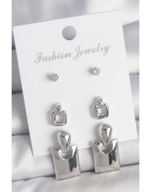 Pirinç Gümüş Renk Zirkon Taş Detay Sallantılı Kare Model 3 Çift Kadın Küpe Seti