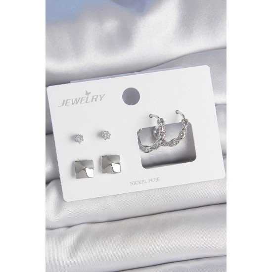 Pirinç Gümüş Renk Zirkon Taşlı Burgu Halka Model Kare Detay 3 Çift Kadın Küpe Seti