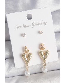 Pirinç Gold Renk Zirkon Taşlı İncili Sallantılı Kalp Model 3 Çift Kadın Küpe Seti