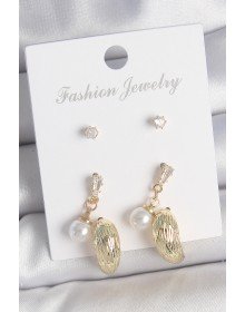 Pirinç Gold Renk Zirkon Taşlı İncili Sallantılı İşlemeli Damla Model 3 Çift Kadın Küpe Seti