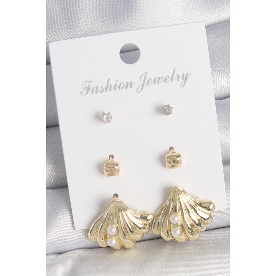 Pirinç Gold Renk Zirkon Taşlı İnci Detaylı Deniz Kabuğu Model 3 Çift Kadın Küpe Seti Pirinç Gold Renk Zirkon Taşlı İnci Detaylı Deniz Kabuğu Model 3 Çift Kadın Küpe Seti