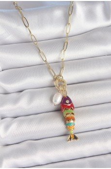 İnci Detaylı Zirkon Taşlı Rainbow Balık Figürlü Gold Renk Pirinç Kolye