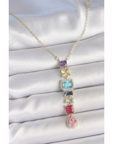 Gold Karışık Renk Zirkon Taşlı Y Pirinç Kolye