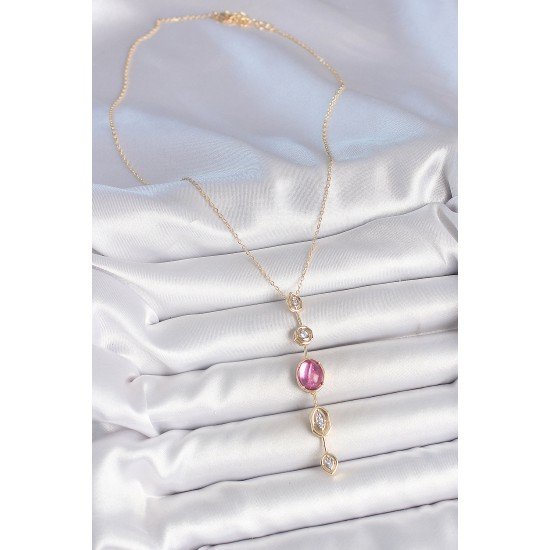 Pirinç Zincir Gold Renk Pembe Zirkon Taşlı Y Kolye