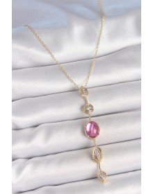Pirinç Zincir Gold Renk Pembe Zirkon Taşlı Y Kolye