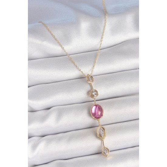 Pirinç Zincir Gold Renk Pembe Zirkon Taşlı Y Kolye