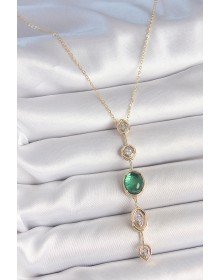 Pirinç Zincir Zümrüt Yeşil Gold Renk Zirkon Taşlı Y Kolye