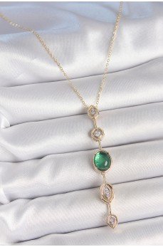 Pirinç Zincir Zümrüt Yeşil Gold Renk Zirkon Taşlı Y Kolye