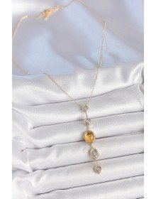 Pirinç Zincir Kehribar Sarı Gold Renk  Zirkon Taşlı Y Kolye
