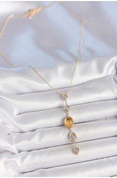 Pirinç Zincir Kehribar Sarı Gold Renk  Zirkon Taşlı Y Kolye