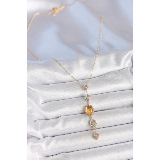 Pirinç Zincir Kehribar Sarı Gold Renk  Zirkon Taşlı Y Kolye