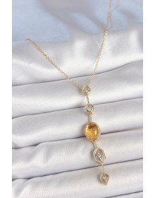 Pirinç Zincir Kehribar Sarı Gold Renk  Zirkon Taşlı Y Kolye