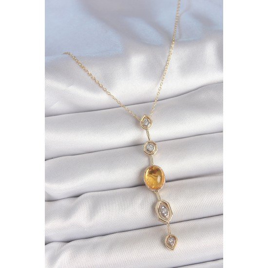 Pirinç Zincir Kehribar Sarı Gold Renk  Zirkon Taşlı Y Kolye
