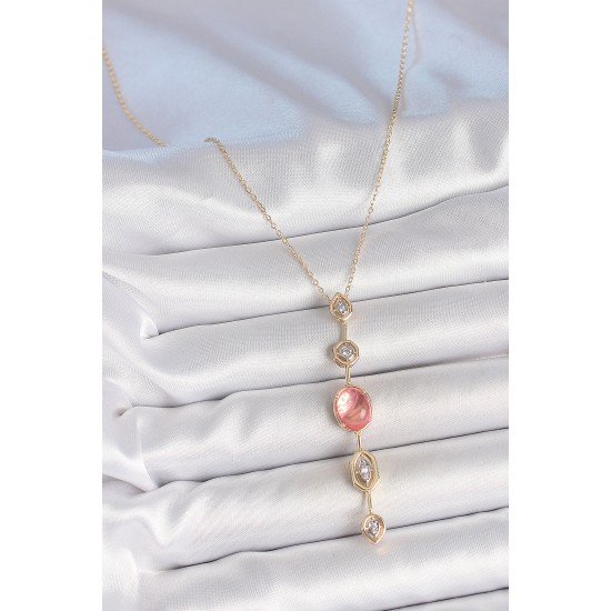 Pirinç Zincir Pembe Gold Renk Zirkon Taşlı Y Kolye