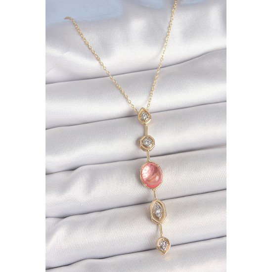 Pirinç Zincir Pembe Gold Renk Zirkon Taşlı Y Kolye