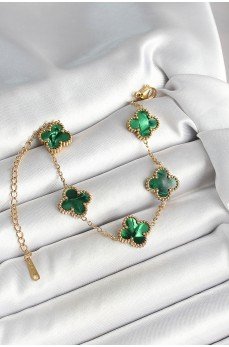 316L Çelik Sedefli Zümrüt Yeşil Gold Renk Yonca Kadın Bileklik