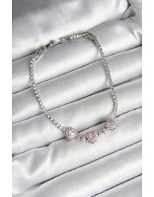 Pirinç Sıralı Pembe Kalp Figürlü Zirkon Taşlı Gümüş Renk Kadın Bileklik