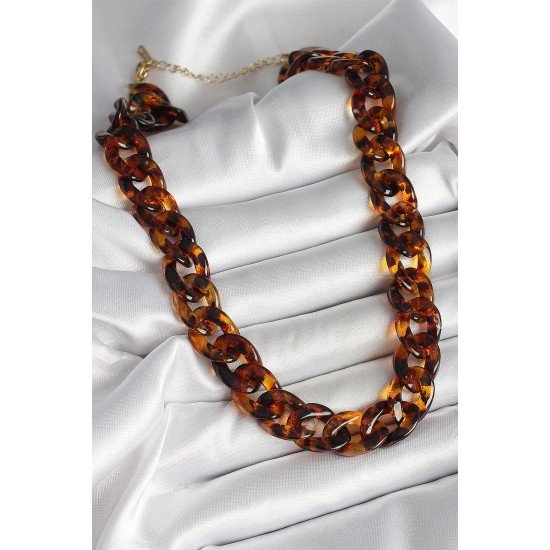 Leopar Desenli Mika Kalın Zincir Kadın Kolye