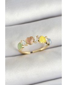 Pirinç Sıralı Kalp Figürlü Zirkon Taşlı Gold Renk Ayarlanabilir Kadın Yüzük
