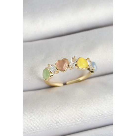 Pirinç Sıralı Kalp Figürlü Zirkon Taşlı Gold Renk Ayarlanabilir Kadın Yüzük