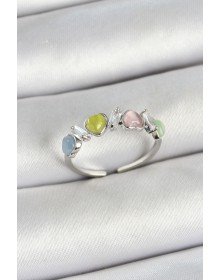 Pirinç Sıralı Kalp Figürlü Zirkon Taşlı Gümüş Renk Ayarlanabilir Kadın Yüzük