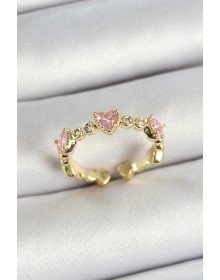 Pirinç Sıralı Kalp Figürlü Zirkon Taşlı Gold Renk Ayarlanabilir Kadın Yüzük