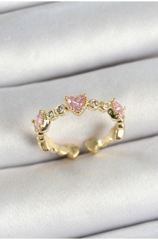 Pirinç Sıralı Kalp Figürlü Zirkon Taşlı Gold Renk Ayarlanabilir Kadın Yüzük