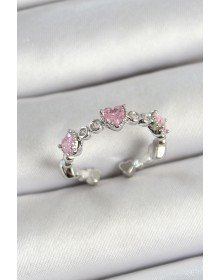 Pirinç Sıralı Kalp Figürlü Zirkon Taşlı Gümüş Renk Ayarlanabilir Kadın Yüzük