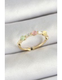 Pirinç Sıralı Boncuk Figürlü Zirkon Taşlı Gold Renk Ayarlanabilir Kadın Yüzük