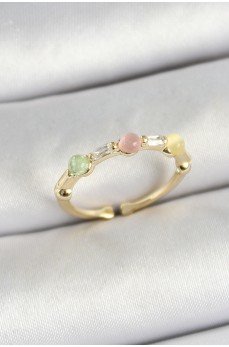 Pirinç Sıralı Boncuk Figürlü Zirkon Taşlı Gold Renk Ayarlanabilir Kadın Yüzük