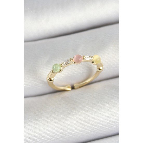 Pirinç Sıralı Boncuk Figürlü Zirkon Taşlı Gold Renk Ayarlanabilir Kadın Yüzük