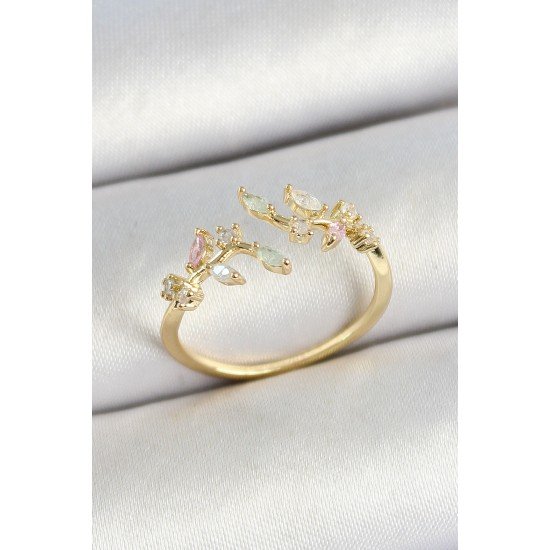 Pirinç Yaprak Figürlü Zirkon Taşlı Gold Renk Ayarlanabilir Kadın Yüzük