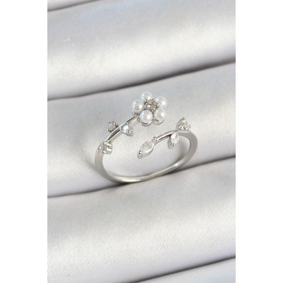 Pirinç İnci Detaylı Papatya Figürlü Zirkon Taşlı Gümüş Renk Ayarlanabilir Kadın Yüzük