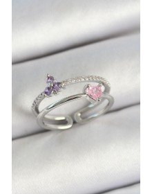 Pirinç Kalp Ve Çiçek Figürlü Zirkon Taşlı Gümüş Renk Ayarlanabilir Kadın Yüzük