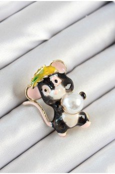 İnci Detaylı Siyah Ve Pembe 3D Sevimli Fare Figürlü Gold Renk Kadın Broş