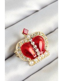Zirkon Taşlı İnci Detaylı Kırmızı 3D Kraliçe Taç Figürlü Gold Renk Kadın Broş
