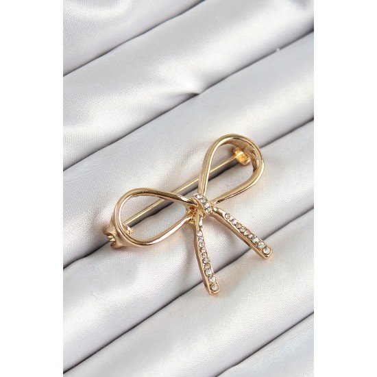 Zirkon Taş Detaylı 3D Fiyonk Figürlü Gold Renk Kadın Broş Zirkon Taş Detaylı 3D Fiyonk Figürlü Gold Renk Kadın Broş