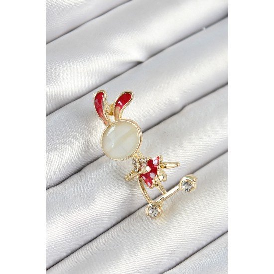 Zirkon Taş Detaylı Kırmızı 3D Scooter Süren Tavşan Kız Figürlü Gold Renk Kadın Broş