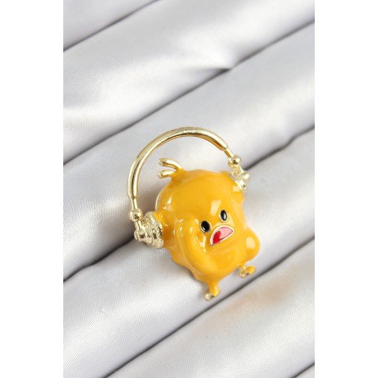 3D Kulaklıklı Sarı Civciv Figürlü Gold Renk Kadın Broş