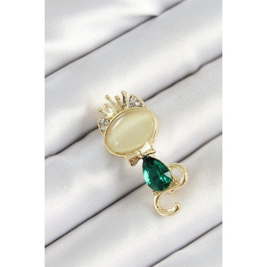 Yeşil Damla Zirkon Taşlı Kraliçe Taçlı Kedi Figürlü Gold Renk Kadın Broş