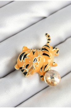 Zirkon Taşlı Siyah Çizgili Turuncu Kaplan Figürlü Gold Renk Kadın Broş