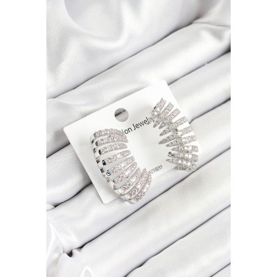 Pirinç Zirkon Taşlı Çoklu Görünümlü Model Gümüş Renk Kadın Küpe