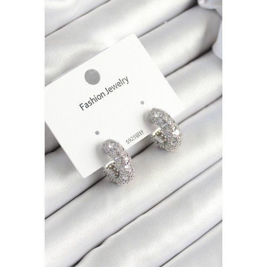 Pirinç Zirkon Taşlı Halka Model Gümüş Renk Kadın Küpe