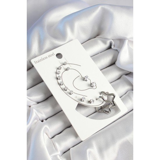 316L Çelik Yıldız Figürlü Ve Zirkon Taşlı Gümüş Renk 7'li Çift Kadın Küpe Set 316L Çelik Yıldız Figürlü Ve Zirkon Taşlı Gümüş Renk 7'li Çift Kadın Küpe Set