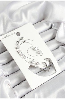 316L Çelik Kalp Figürlü Ve Zirkon Taşlı Gümüş Renk 7'li Çift Kadın Küpe Set