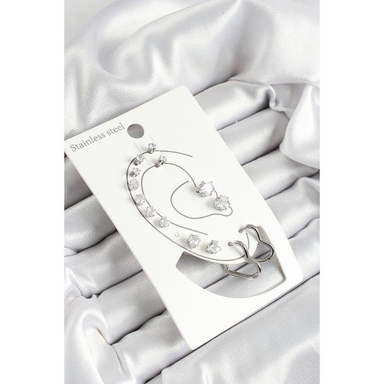316L Çelik Kalp Figürlü Ve Zirkon Taşlı Gümüş Renk 7'li Çift Kadın Küpe Set 316L Çelik Kalp Figürlü Ve Zirkon Taşlı Gümüş Renk 7'li Çift Kadın Küpe Set