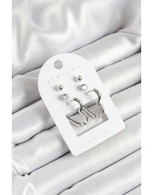 Pirinç Zirkon Taş Ve Kalp Figürlü Gümüş Renk 3'lü Çift Kadın Küpe Set