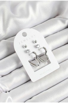 Pirinç Zirkon Taş Ve Kalp Figürlü Gümüş Renk 3'lü Çift Kadın Küpe Set