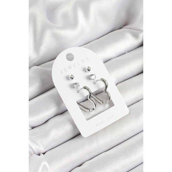 Pirinç Zirkon Taş Ve Kalp Figürlü Gümüş Renk 3'lü Çift Kadın Küpe Set Pirinç Zirkon Taş Ve Kalp Figürlü Gümüş Renk 3'lü Çift Kadın Küpe Set